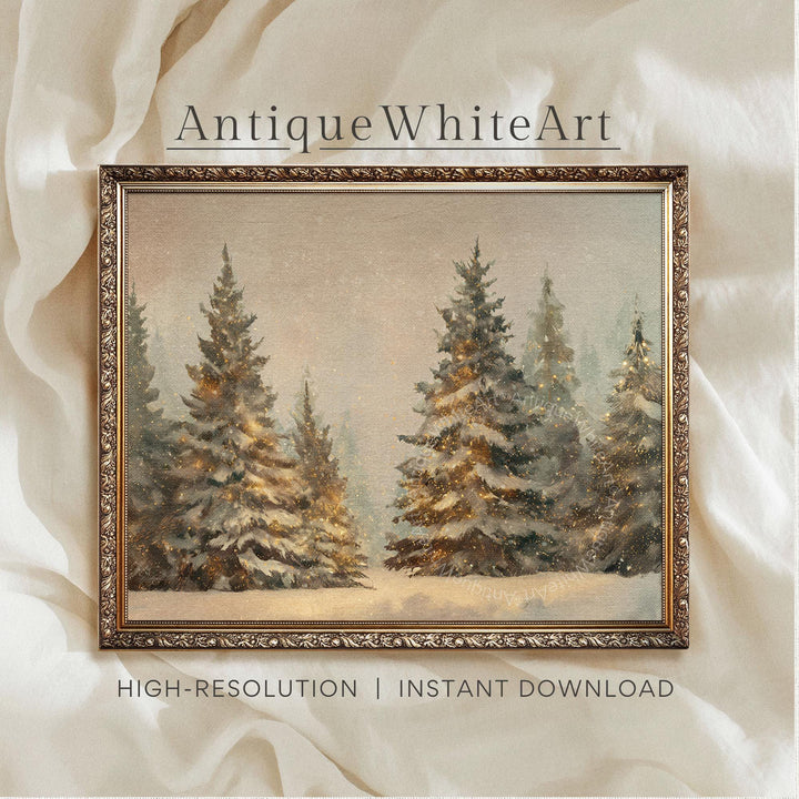 Vintage Style Pine Forest Print: Neutral Christmas Landscape ( ) W235 Print Wall Art