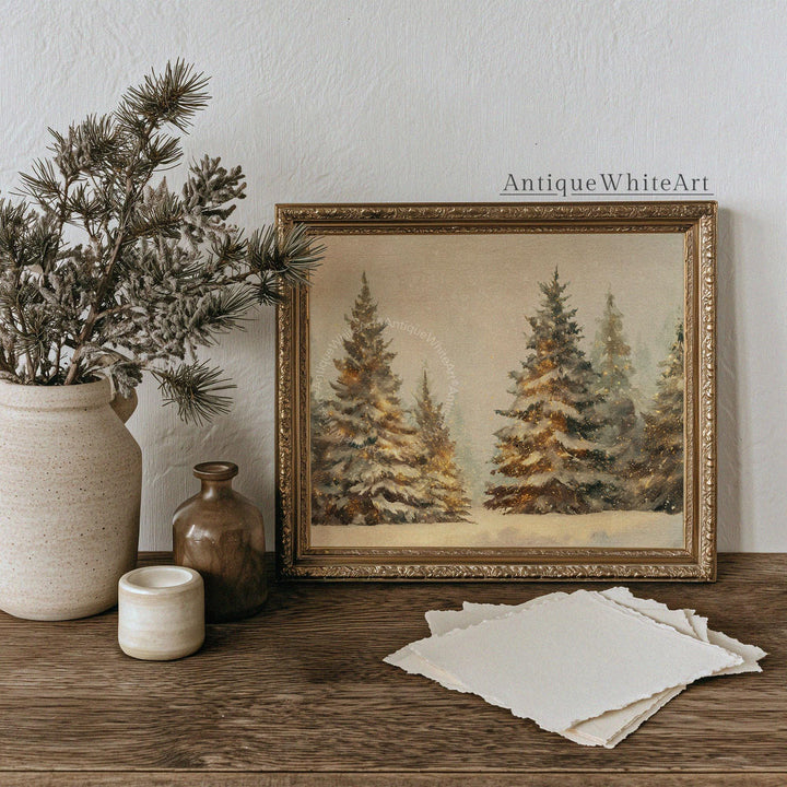 Vintage Style Pine Forest Print: Neutral Christmas Landscape ( ) W235 Print Wall Art