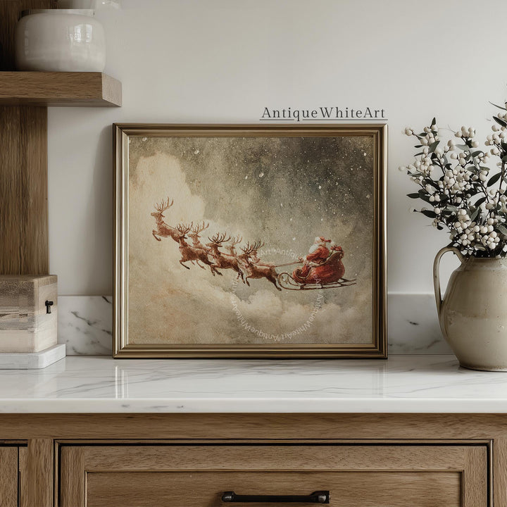 Santa Claus Print: Reindeers Painting Vintage Style Christmas Decor Snowy Forest W236 Print Wall Art