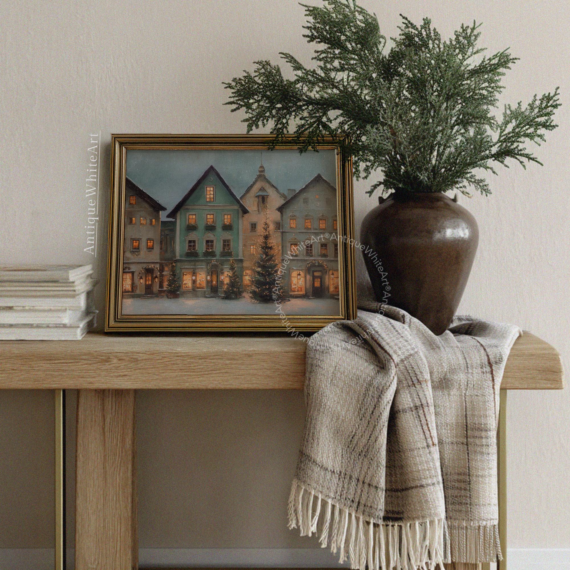 Rustic Christmas Town Print Tree Painting Moody Winter Wall Art Farmhouse Decor W242