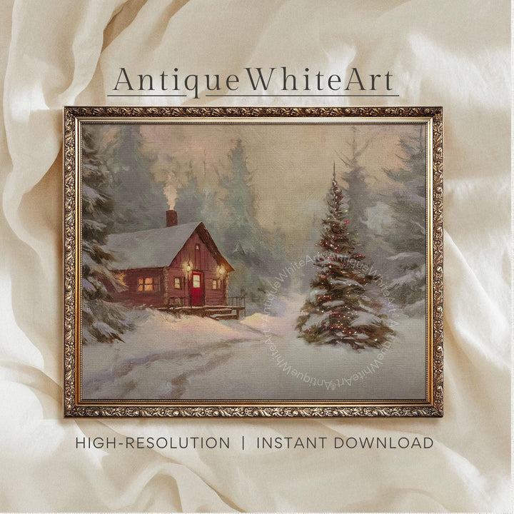 Winter Cabin Rustic Print Wall Art Pine Forest Painting Vintage Style Landscape W241