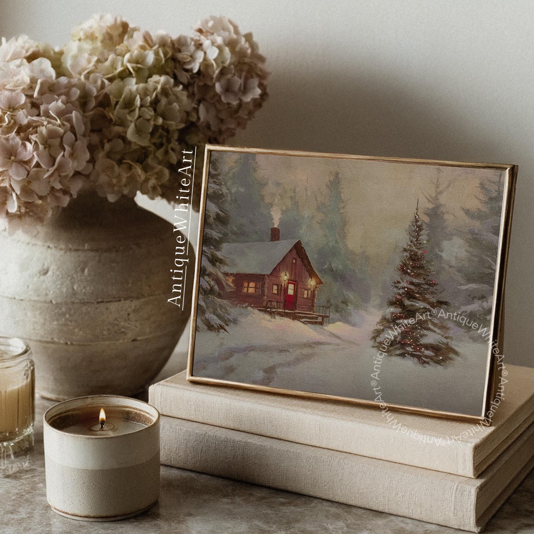 Winter Cabin Rustic Print Wall Art Pine Forest Painting Vintage Style Landscape W241
