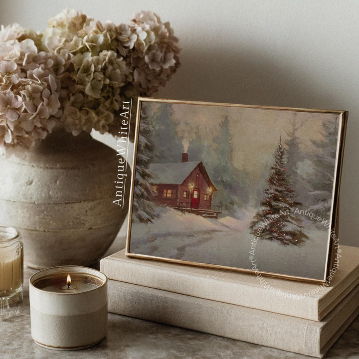 Winter Cabin Rustic Print Wall Art Pine Forest Painting Vintage Style Landscape W241
