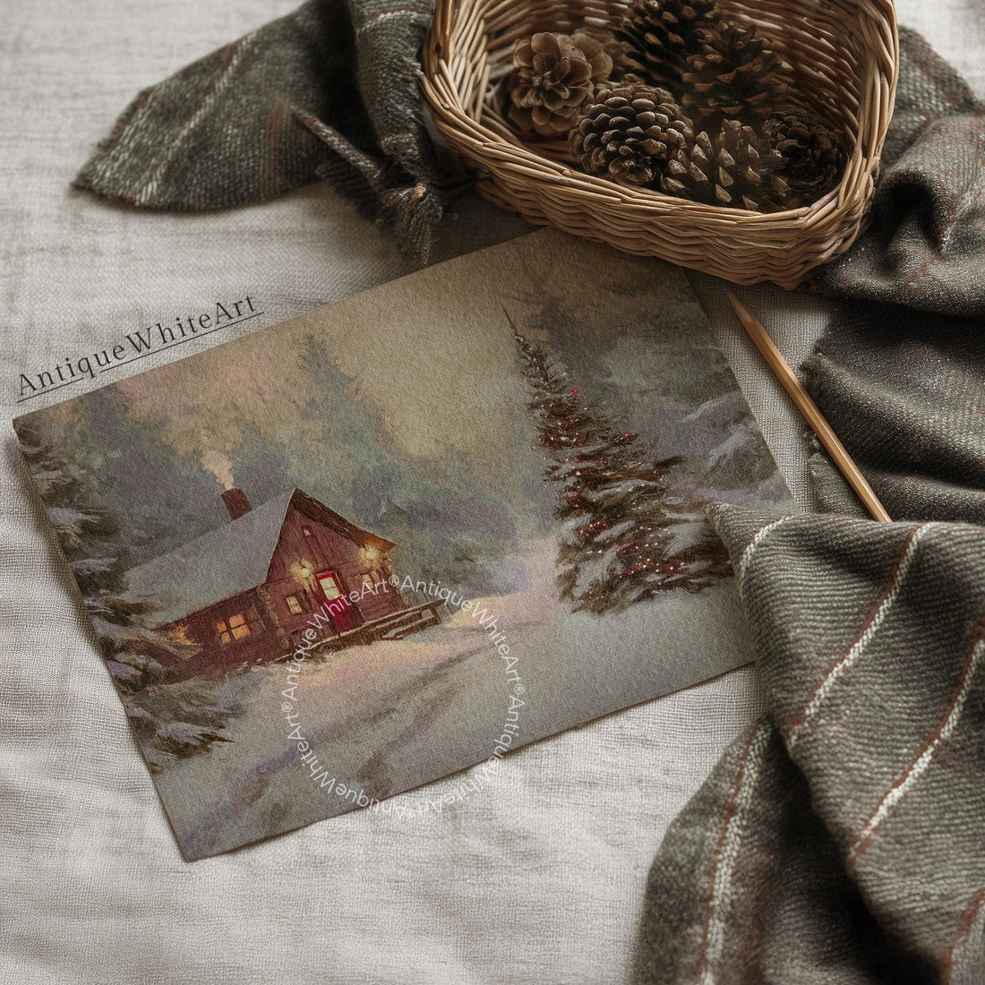 Winter Cabin Rustic Print Wall Art Pine Forest Painting Vintage Style Landscape W241