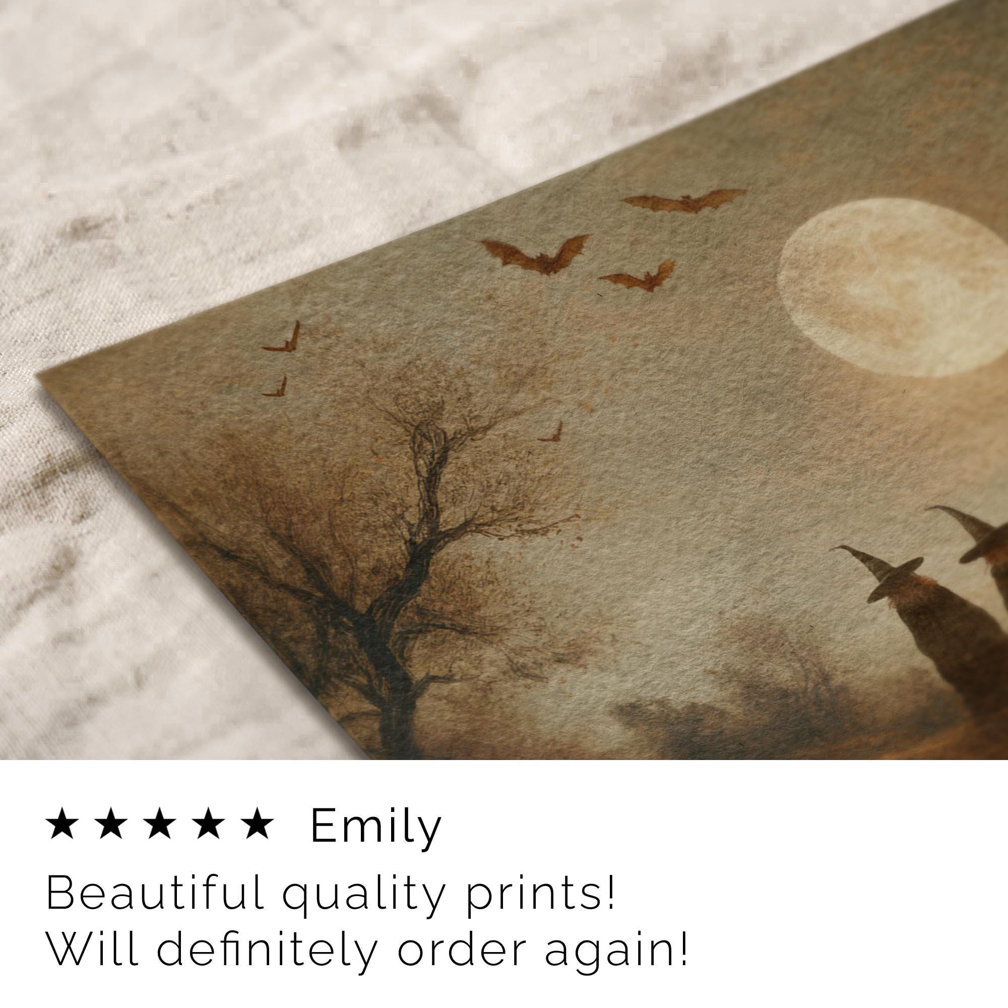 Vintage Style Witches Halloween Print: Bats Full Moon Fall Scene ( ) Print Wall Art