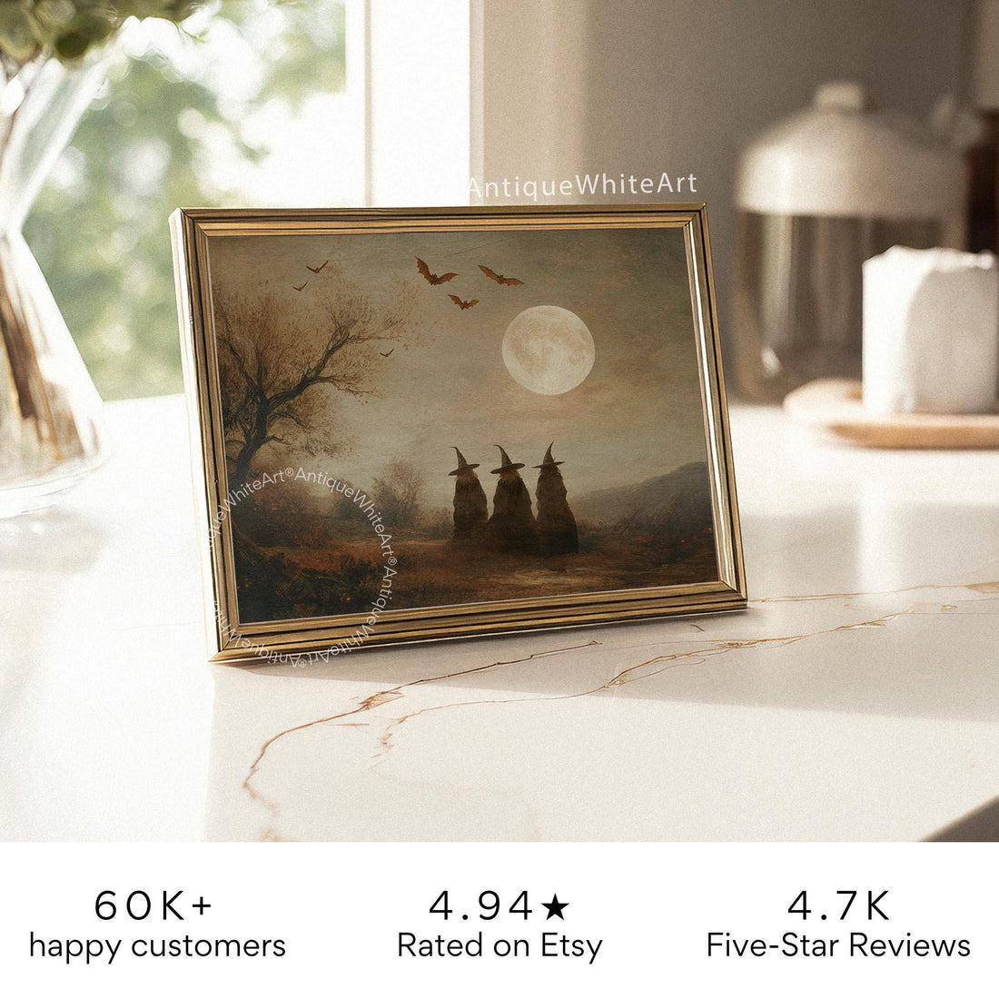 Vintage Style Witches Halloween Print: Bats Full Moon Fall Scene ( ) Print Wall Art