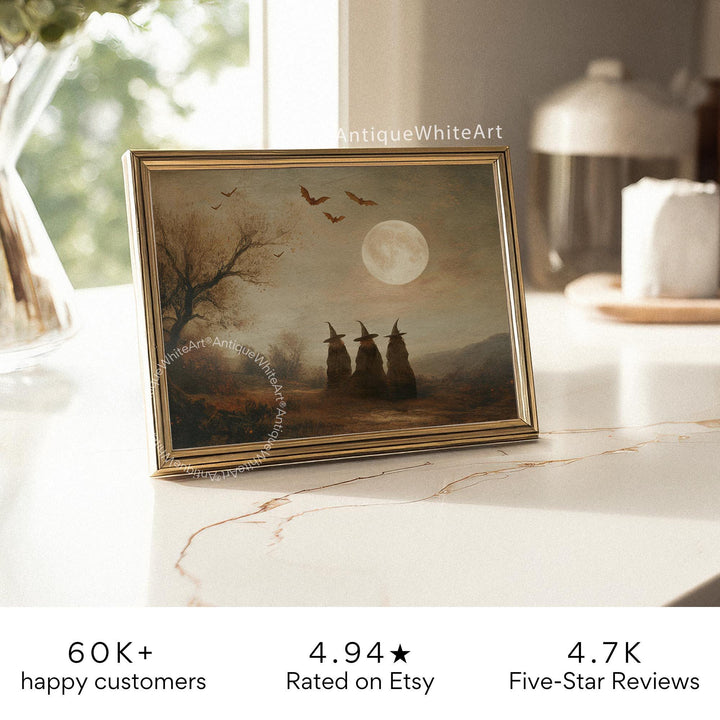 Vintage Style Witches Halloween Print: Bats Full Moon Fall Scene ( ) Print Wall Art
