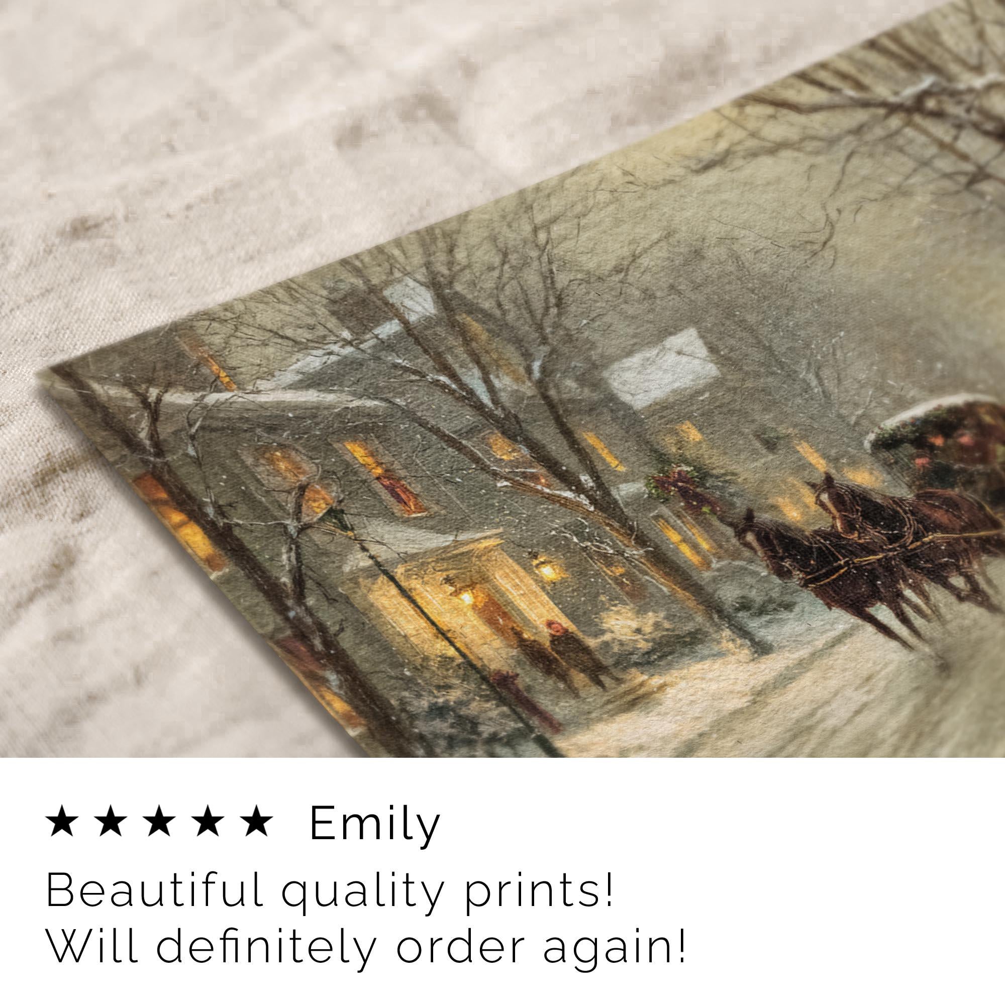 Victorian Winter Carriage Ride Snowy Village Street Scene Christmas Wall Art Antique Style Home Decor W244 Print