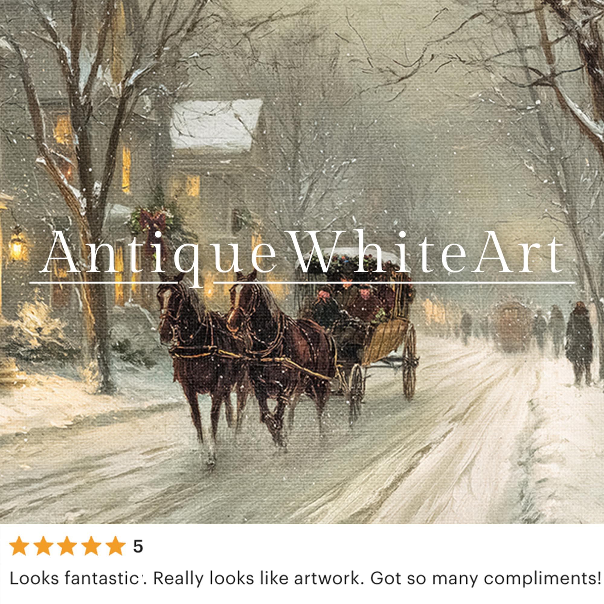 Victorian Winter Carriage Ride Snowy Village Street Scene Christmas Wall Art Antique Style Home Decor W244 Print