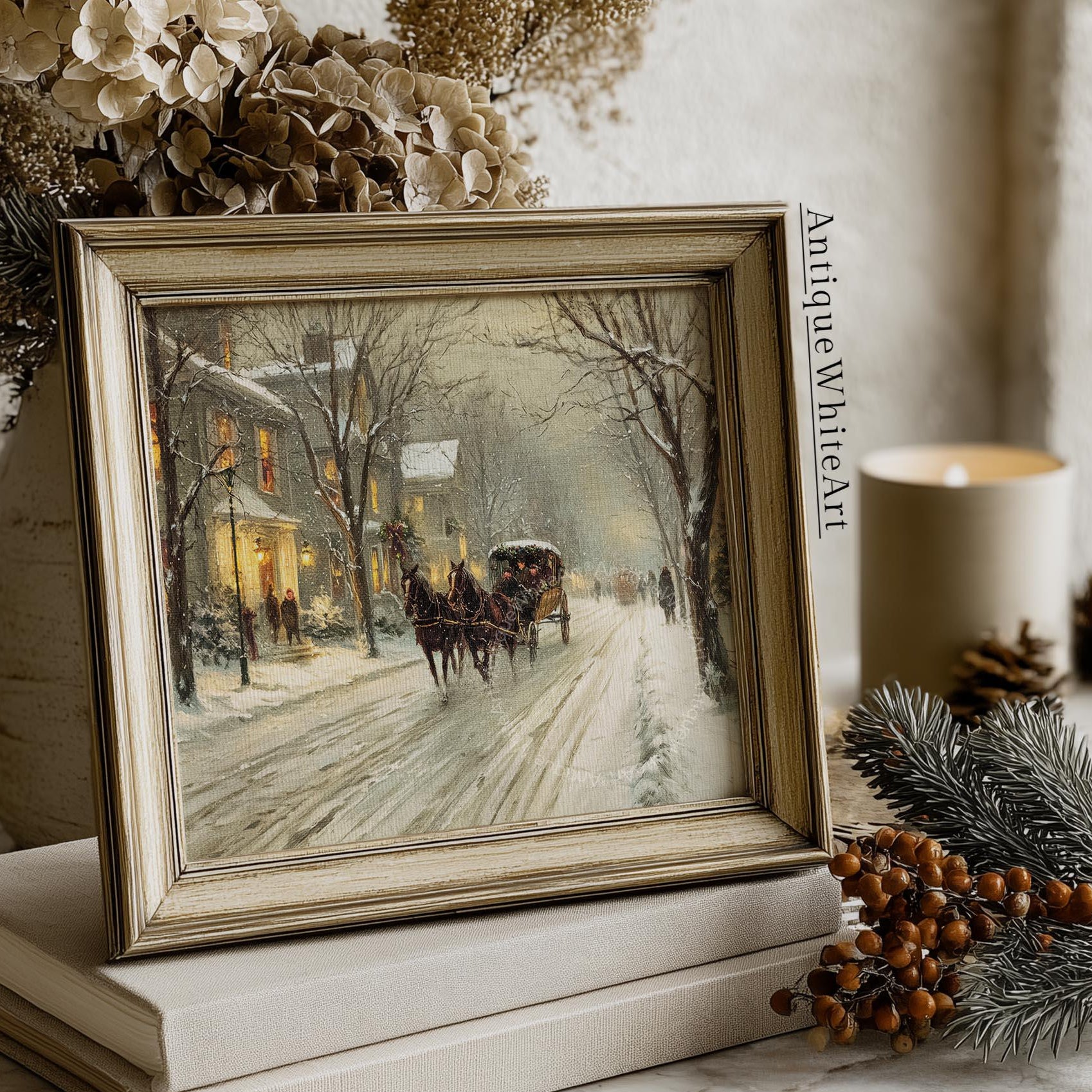 Victorian Winter Carriage Ride Snowy Village Street Scene Christmas Wall Art Antique Style Home Decor W244 Print