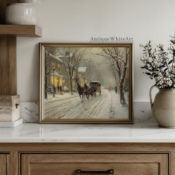 Victorian Winter Carriage Ride Snowy Village Street Scene Christmas Wall Art Antique Style Home Decor W244 Print