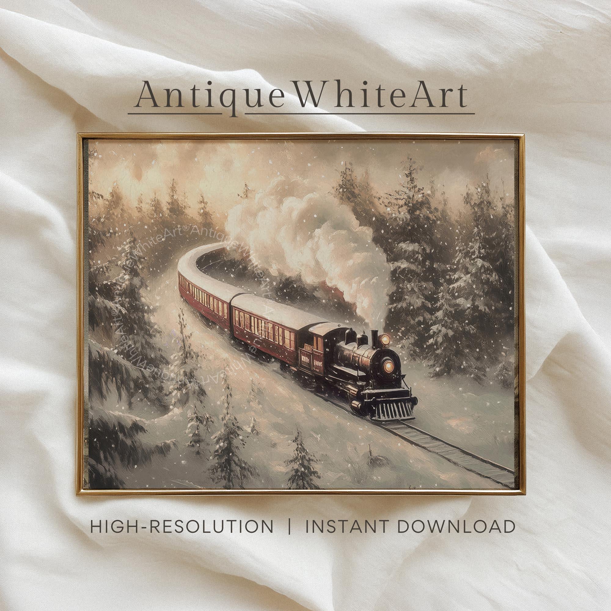 Vintage Style Winter Train Art Print: Steam Engine Snowy Pines ( ) W245 Print Wall