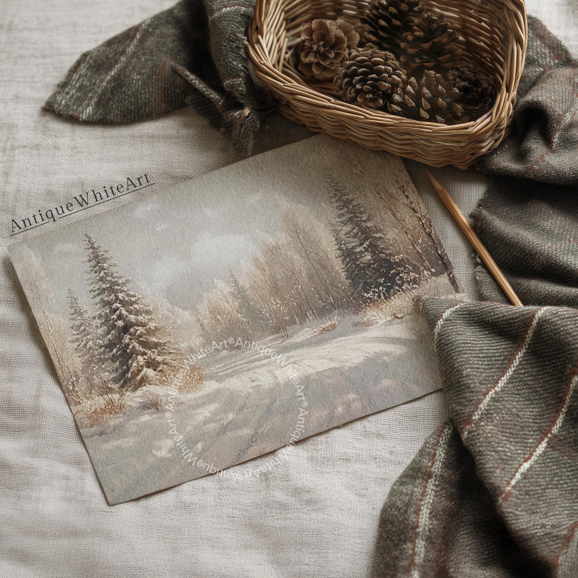 Vintage Style Winter Print Rustic Snowy Forest Art Neutral Landscape Painting W246 Wall