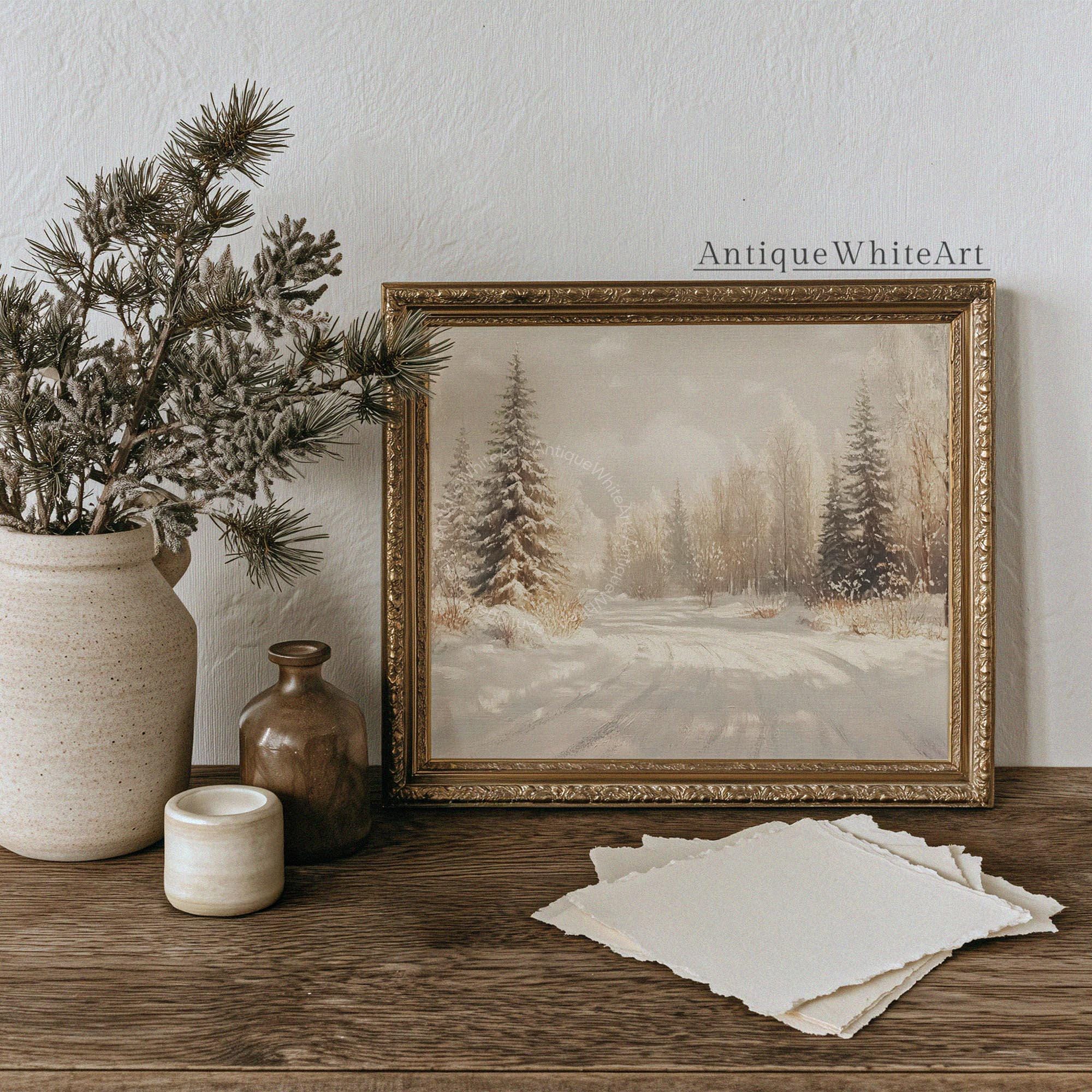 Vintage Style Winter Print Rustic Snowy Forest Art Neutral Landscape Painting W246 Wall