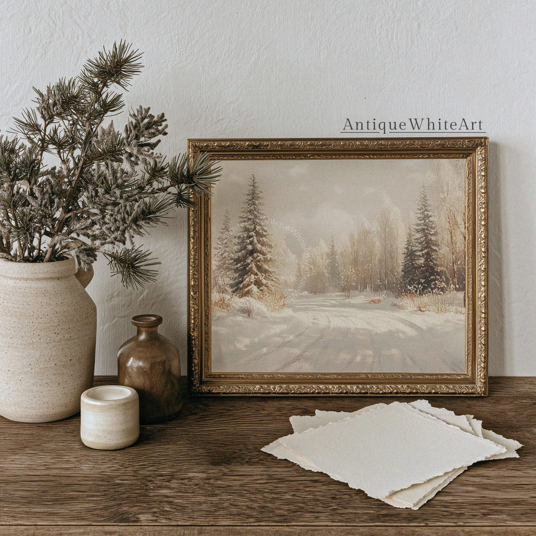 Vintage Style Winter Print Rustic Snowy Forest Art Neutral Landscape Painting W246 Wall