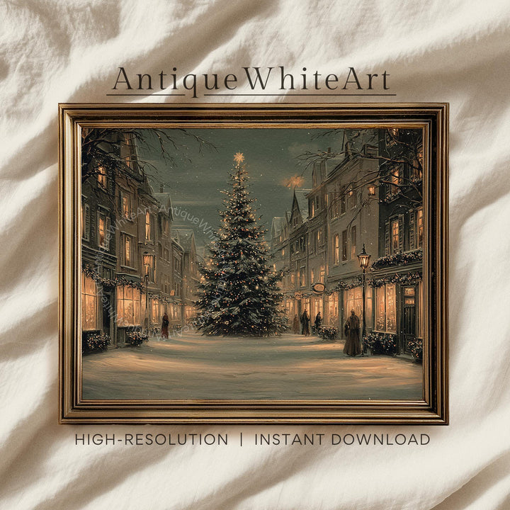 Vintage Style Christmas Town Print Tree Painting Moody Winter Wall Art Farmhouse Decor W247
