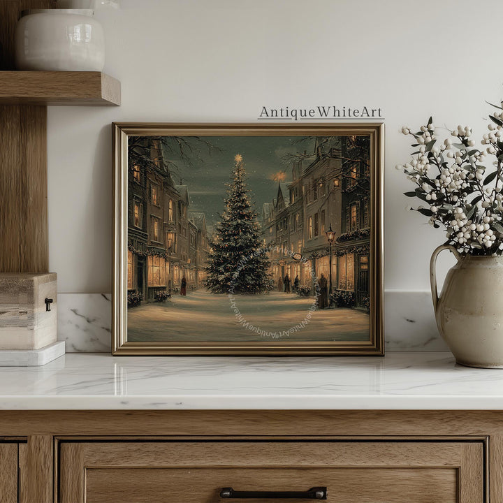 Vintage Style Christmas Town Print Tree Painting Moody Winter Wall Art Farmhouse Decor W247