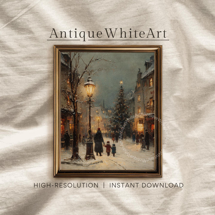 Vintage Style Christmas Town Print Tree Painting Moody Winter Wall Art Farmhouse Decor W248