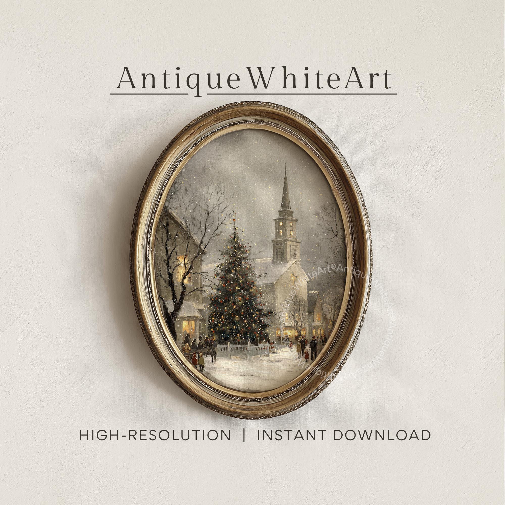 Rustic Christmas Town Print Tree Painting Moody Winter Wall Art Farmhouse Decor W249