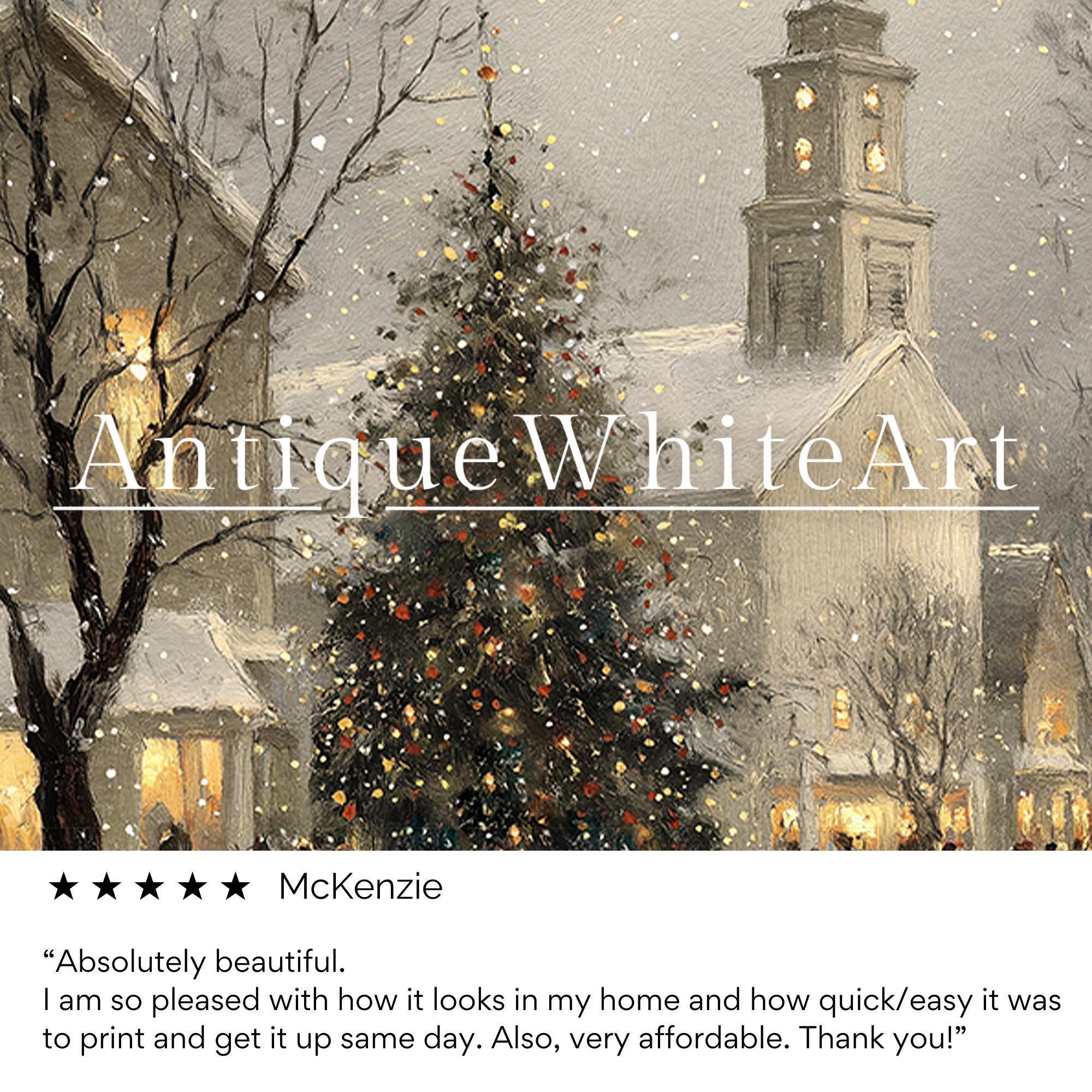 Rustic Christmas Town Print Tree Painting Moody Winter Wall Art Farmhouse Decor W249