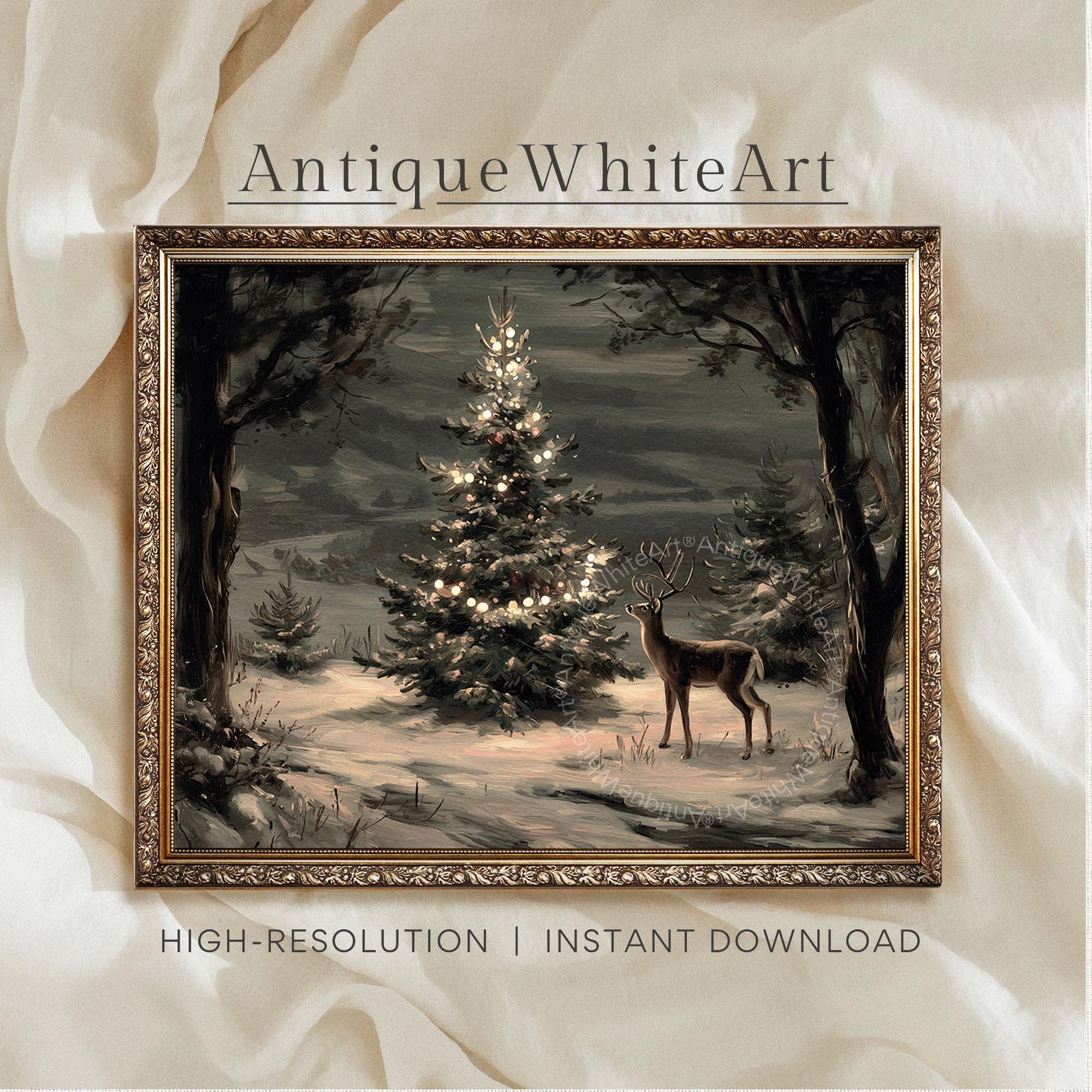 Christmas Tree Painting Vintage Style Dark Academia Holiday Print Moody Winter Wall Art W250