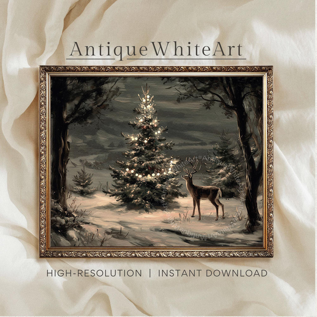 Christmas Tree Painting Vintage Style Dark Academia Holiday Print Moody Winter Wall Art W250