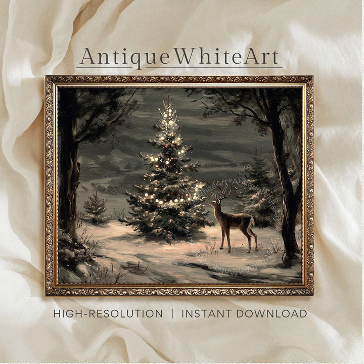 Christmas Tree Painting Vintage Style Dark Academia Holiday Print Moody Winter Wall Art W250