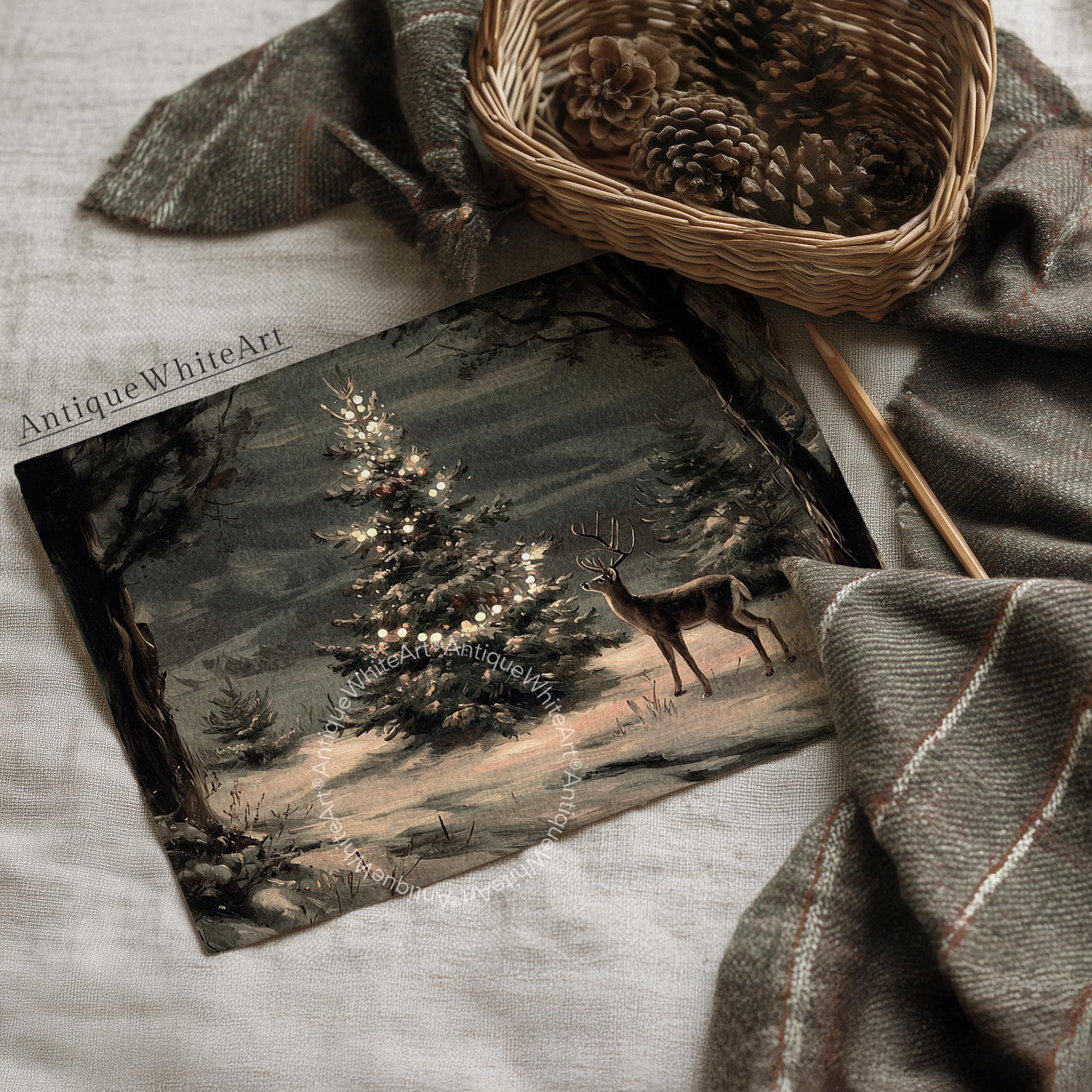 Christmas Tree Painting Vintage Style Dark Academia Holiday Print Moody Winter Wall Art W250