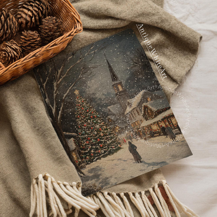 Rustic Christmas Town Print Tree Painting Moody Winter Wall Art Farmhouse Decor W251
