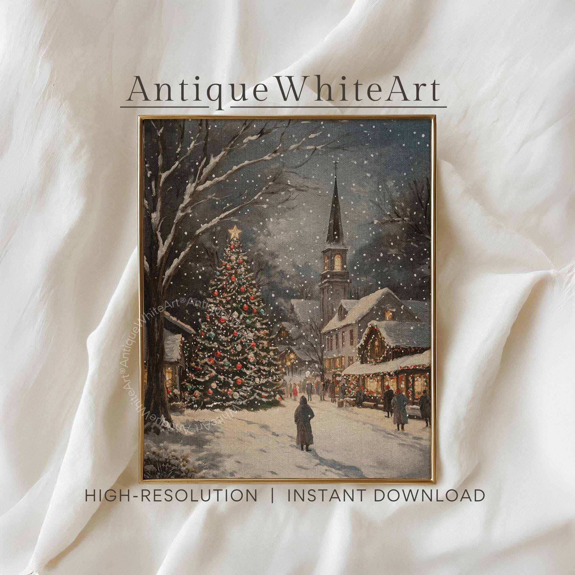 Rustic Christmas Town Print Tree Painting Moody Winter Wall Art Farmhouse Decor W251