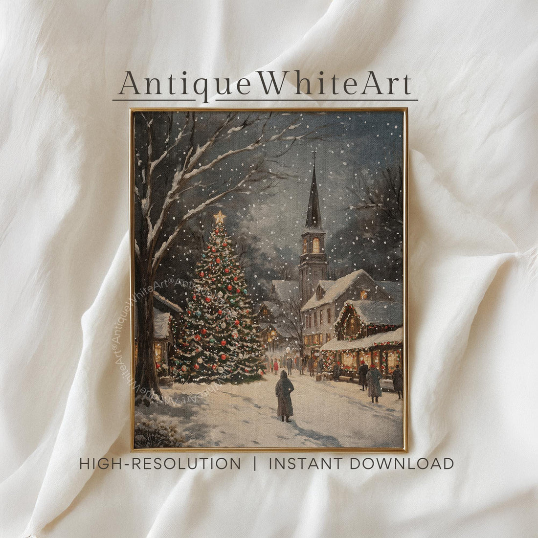 Rustic Christmas Town Print Tree Painting Moody Winter Wall Art Farmhouse Decor W251
