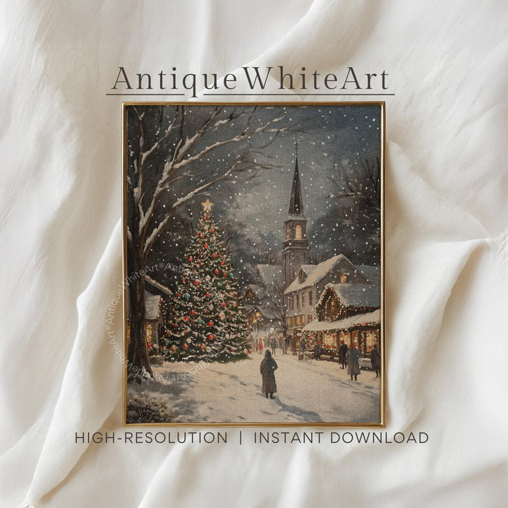Rustic Christmas Town Print Tree Painting Moody Winter Wall Art Farmhouse Decor W251