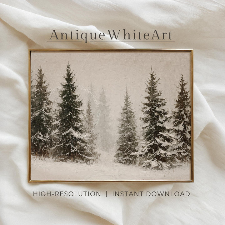 Vintage Style Winter Print Rustic Snowy Forest Art Neutral Landscape Painting W252 Wall