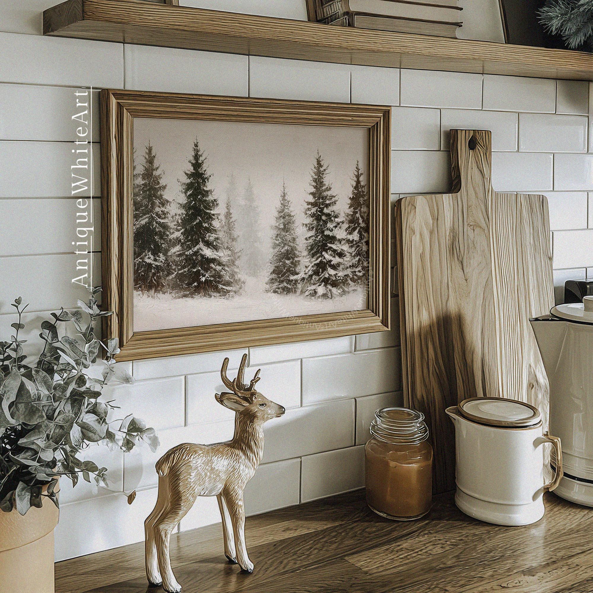 Vintage Style Winter Print Rustic Snowy Forest Art Neutral Landscape Painting W252 Wall