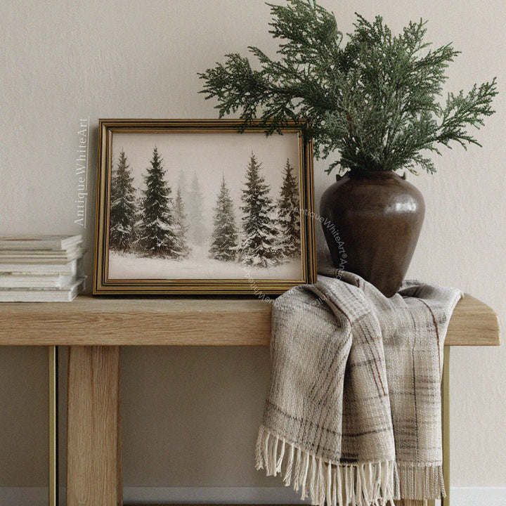 Vintage Style Winter Print Rustic Snowy Forest Art Neutral Landscape Painting W252 Wall