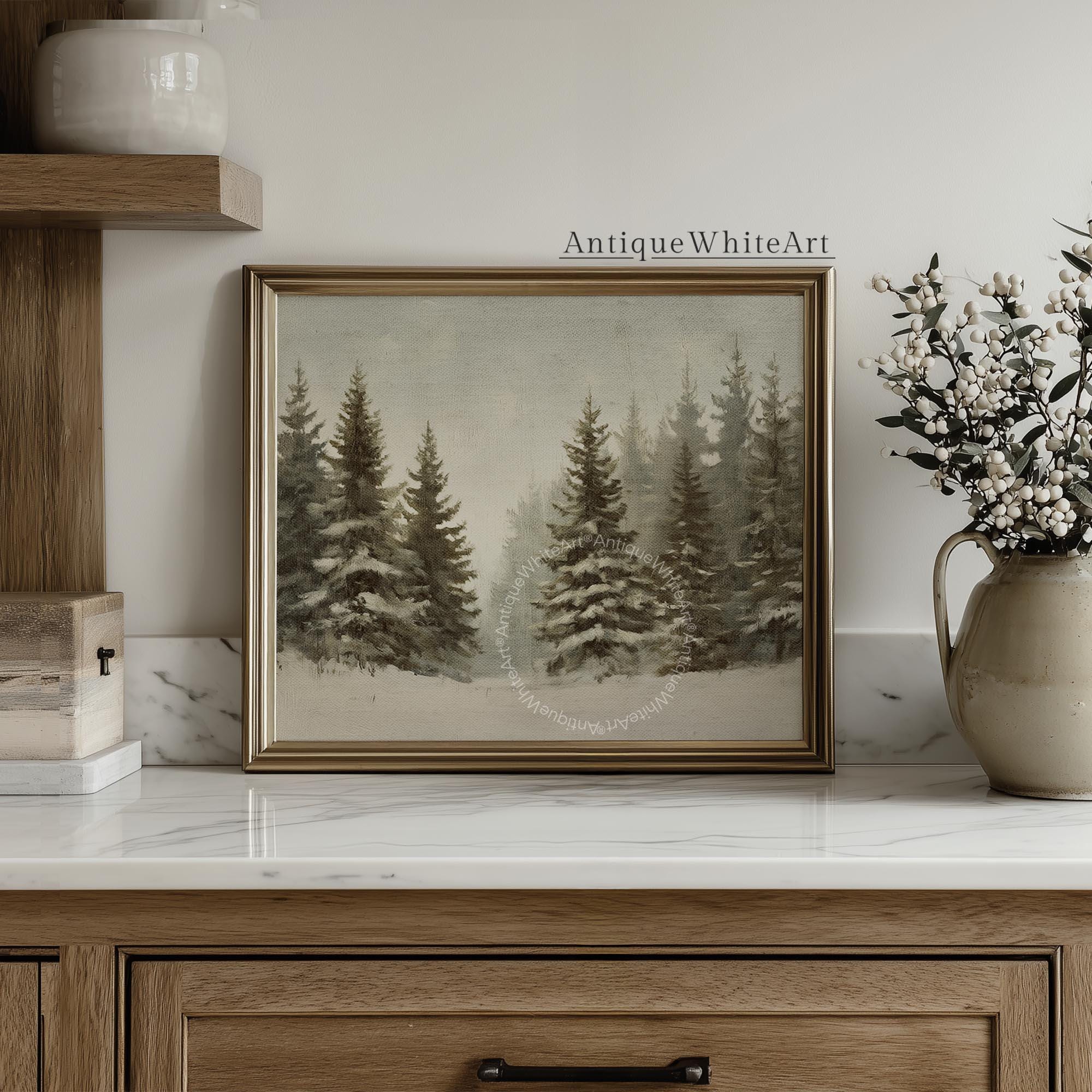 Vintage Style Christmas Print Rustic Snowy Winter Forest Art Neutral Landscape Painting W253 Wall