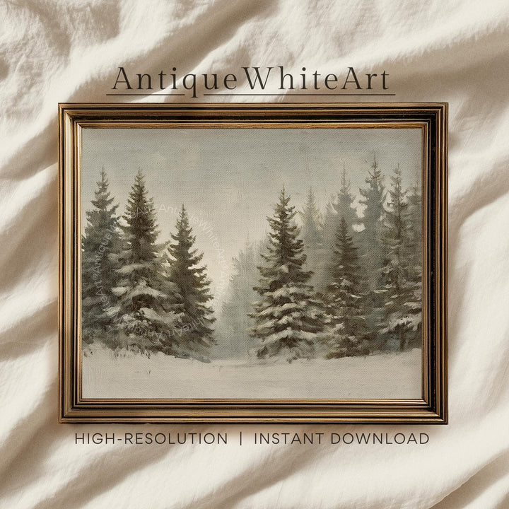 Vintage Style Christmas Print Rustic Snowy Winter Forest Art Neutral Landscape Painting W253 Wall
