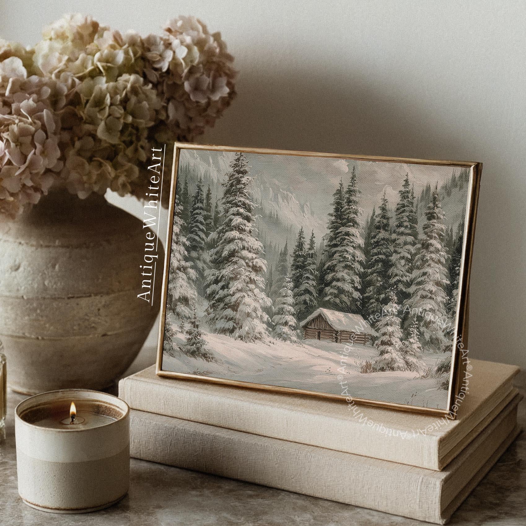 Rustic Winter Landscape Wall Art Cabin Print Farmhouse Prints Pine Forest Painting W254