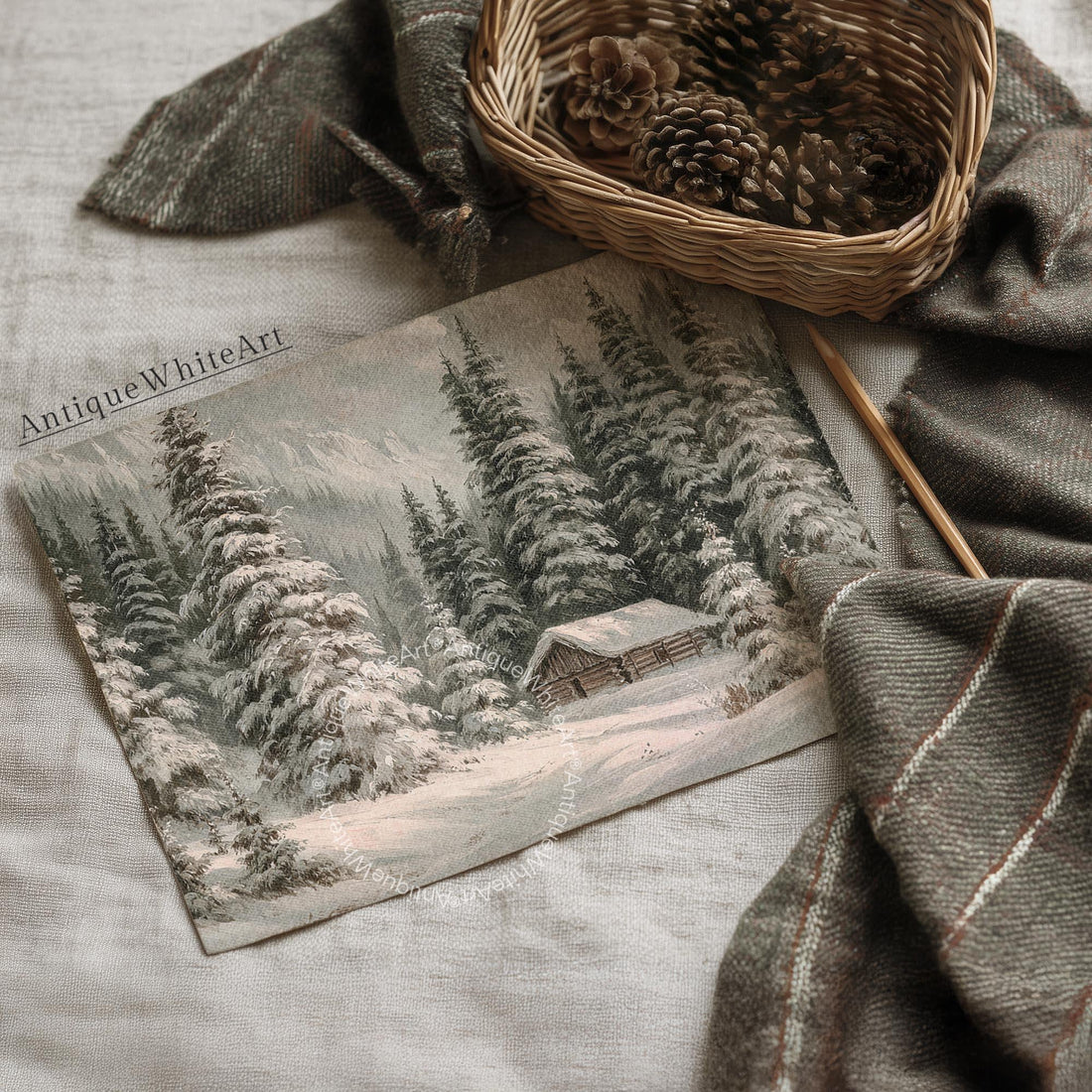 Rustic Winter Landscape Wall Art Cabin Print Farmhouse Prints Pine Forest Painting W254