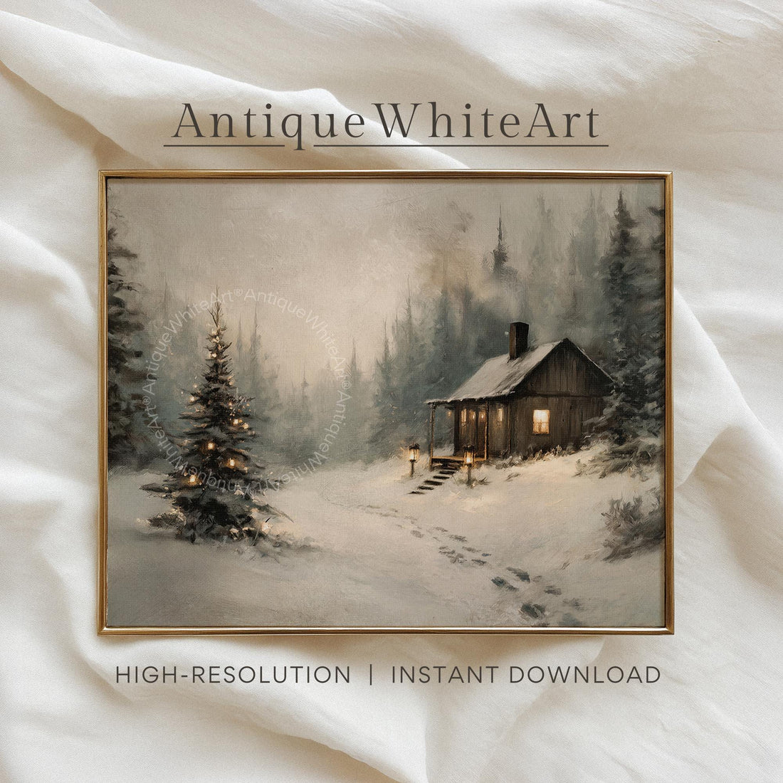 Rustic Winter Landscape Wall Art Cabin Print Farmhouse Prints Pine Forest Painting W255