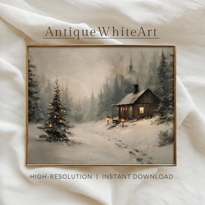 Rustic Winter Landscape Wall Art Cabin Print Farmhouse Prints Pine Forest Painting W255