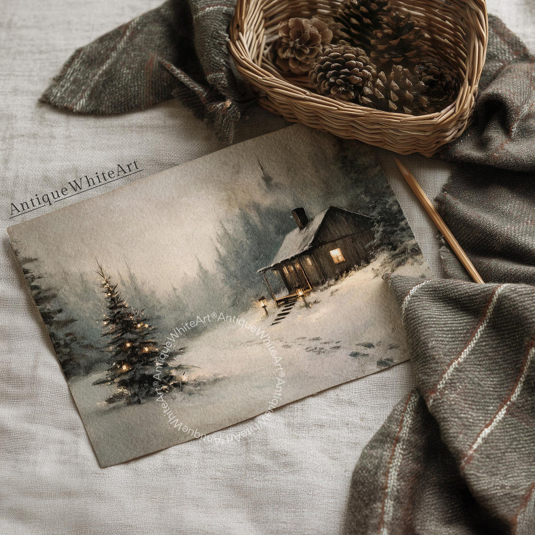 Rustic Winter Landscape Wall Art Cabin Print Farmhouse Prints Pine Forest Painting W255