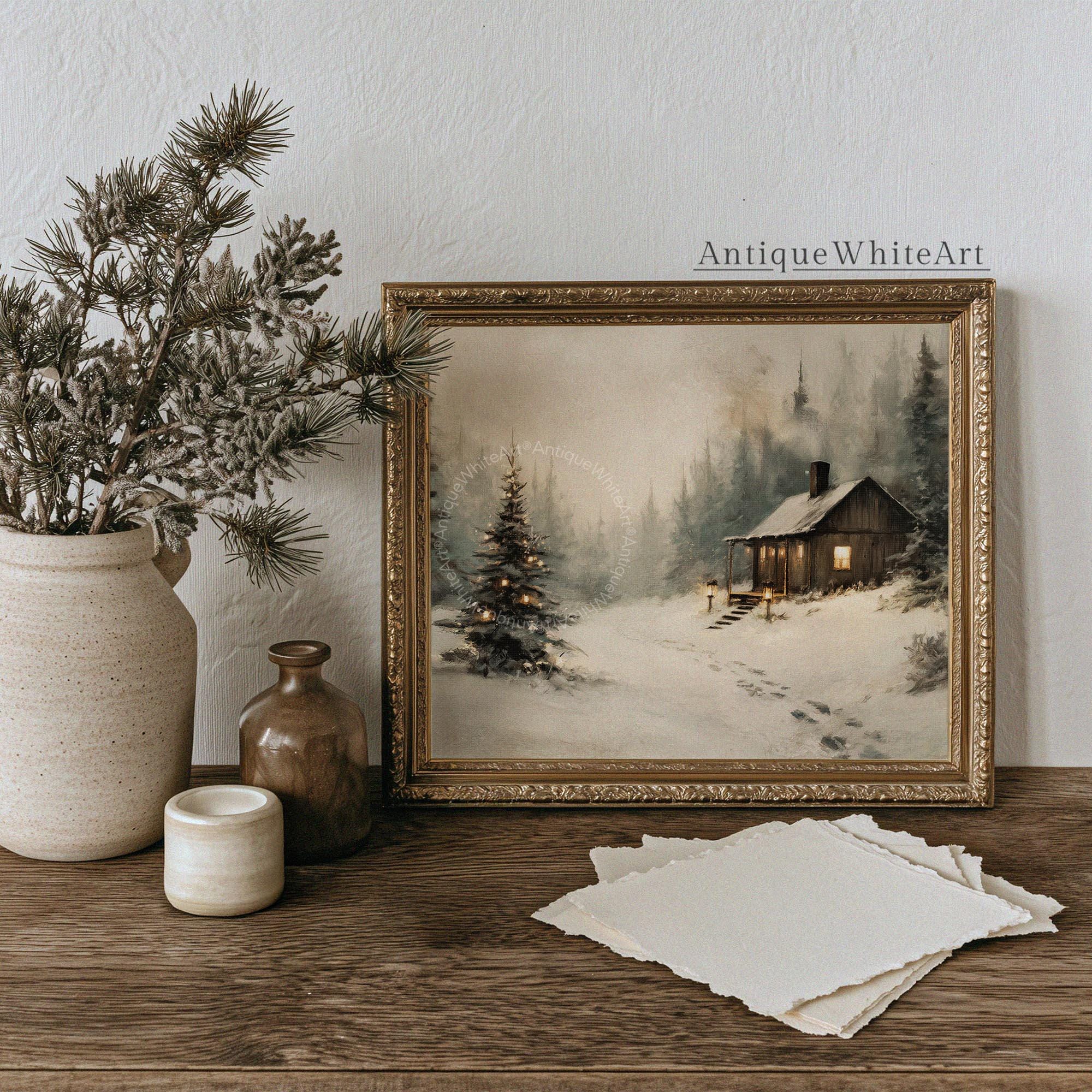 Rustic Winter Landscape Wall Art Cabin Print Farmhouse Prints Pine Forest Painting W255