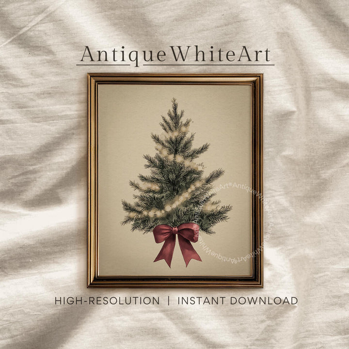 Vintage Style Christmas Tree Print: Red Bow Holiday Wall Art ( ) W168 Print