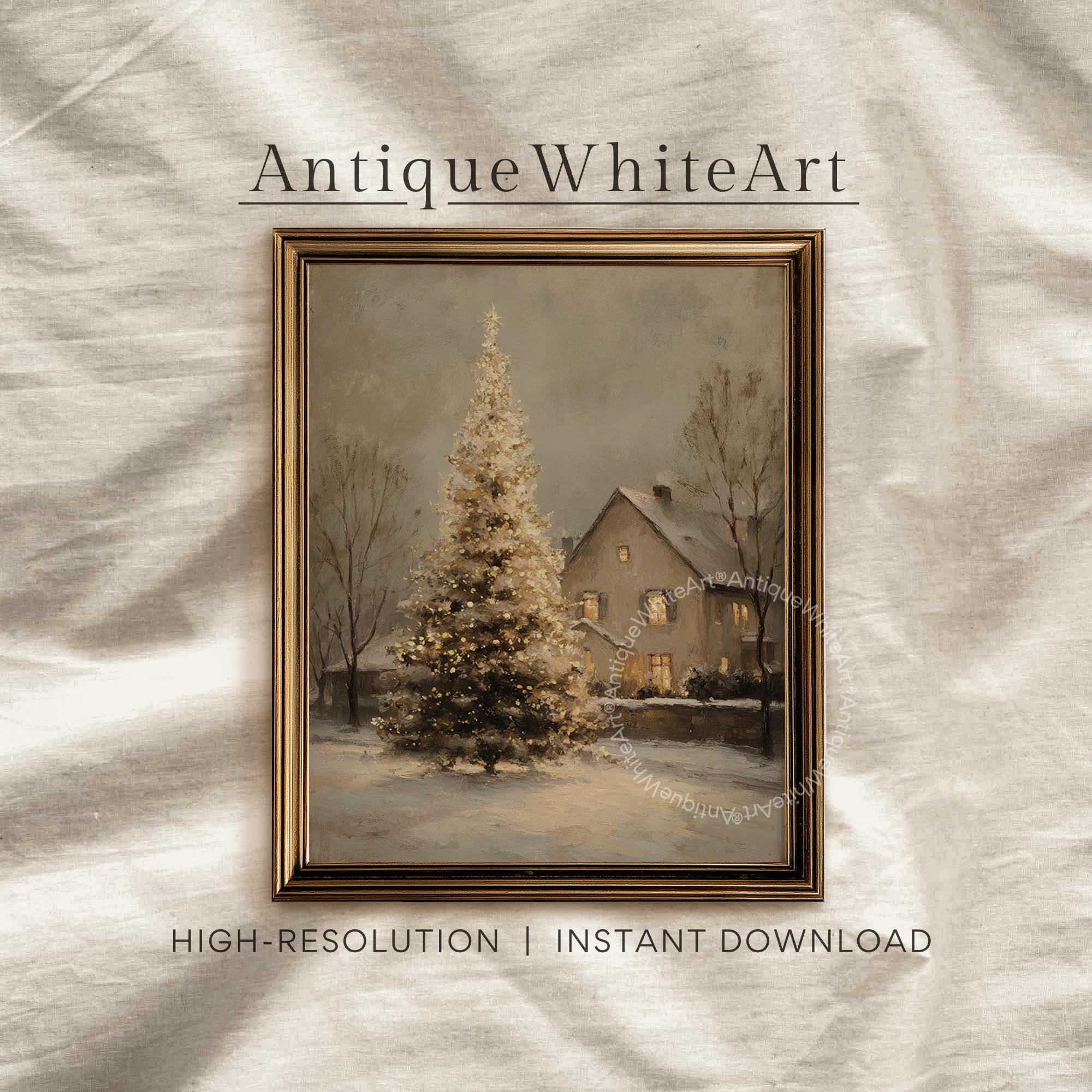 Vintage Style Christmas Tree Painting: Snowy Winter Scene Art ( ) W175 Print Wall