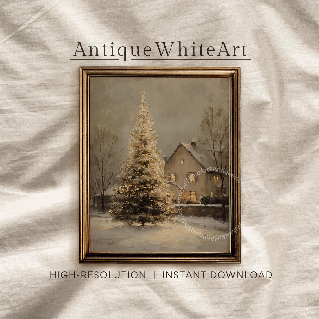 Vintage Style Christmas Tree Painting: Snowy Winter Scene Art ( ) W175 Print Wall
