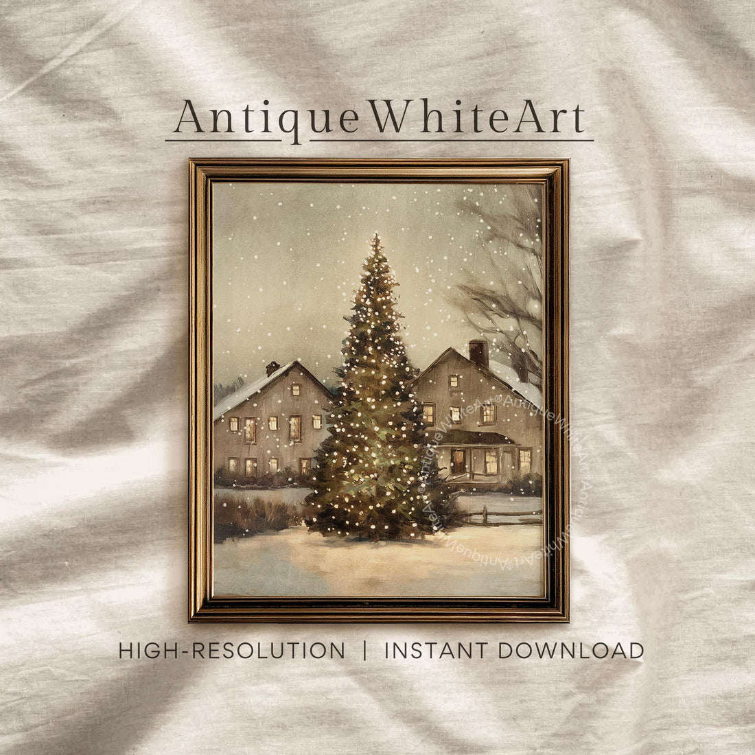 Vintage Style Christmas Tree Painting: Rustic Winter Scene Art ( Print) W177 Print Wall