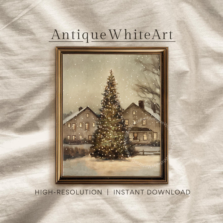 Vintage Style Christmas Tree Painting: Rustic Winter Scene Art ( Print) W177 Print Wall