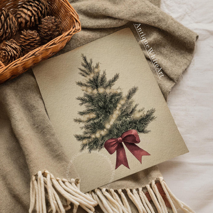 Vintage Style Christmas Tree Print: Red Bow Holiday Wall Art ( ) W168 Print