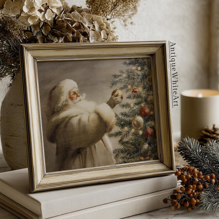 Antique Santa Decorating Tree Painting: Vintage Style Christmas Wall Art ( ) W178 Print
